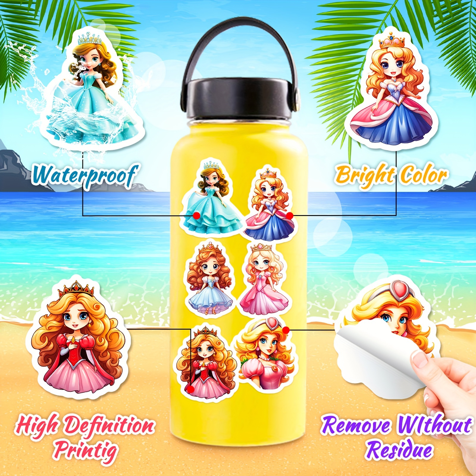 100pcs Disney Stickers, Cartoon Princess Stickers for Laptop, Notebooks, Luggage, Water Bottles. Vinyl Waterproof Cute Stickers Pack for Kids Teens