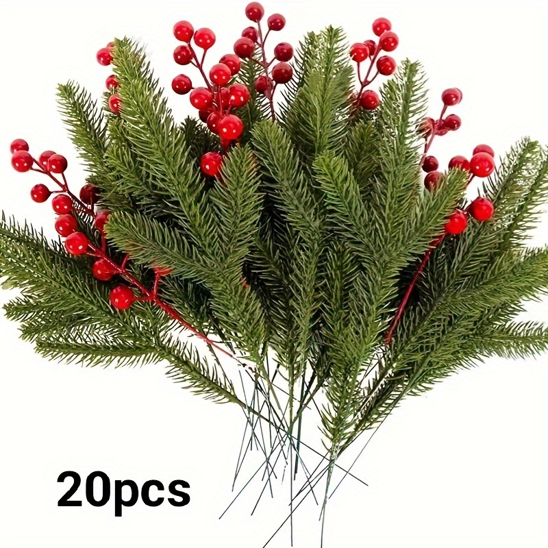 20pcs Artificial Pine Needles Christmas Pine Branches, Christmas Plastic  Pine Needles And Red Fruit Set, Handmade DIY For Christmas Wreaths Christmas