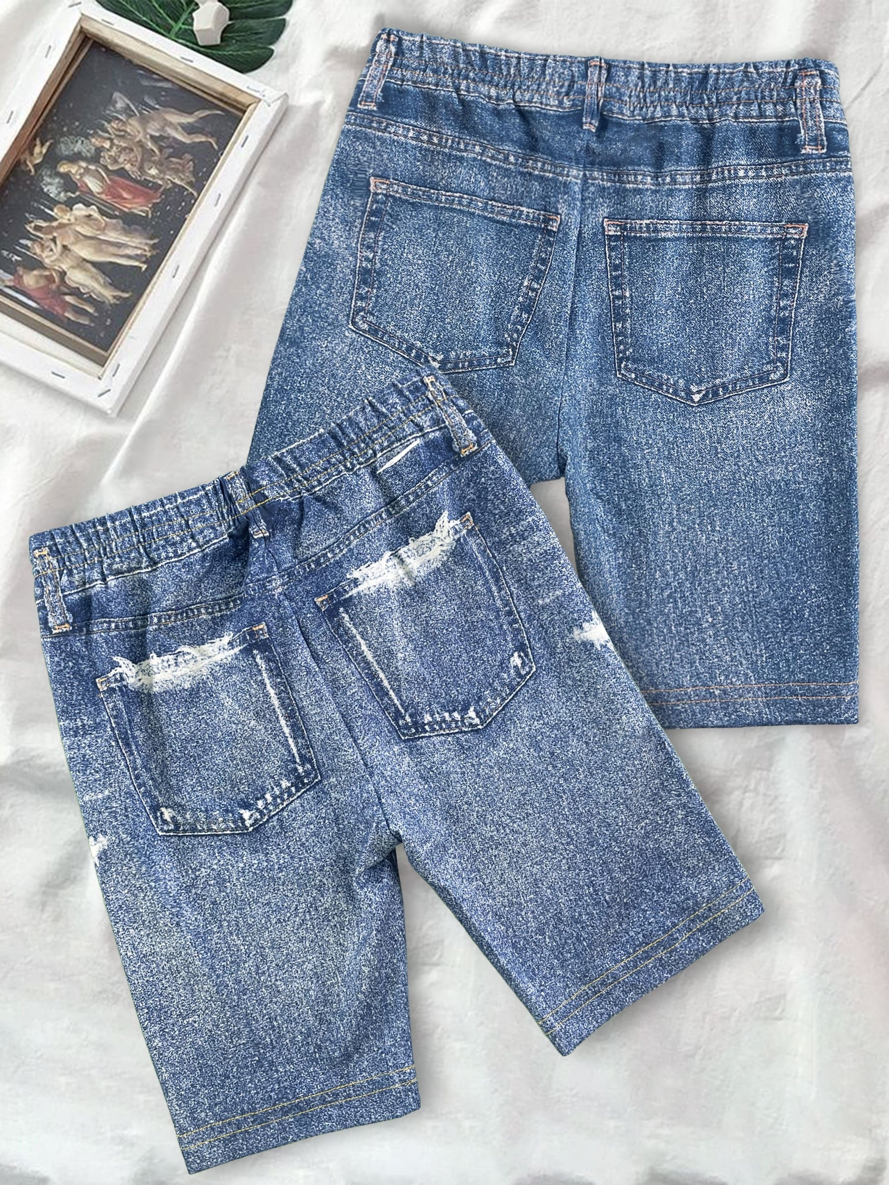 2pcs Girls' Denim Graphic Bike Shorts for Summer