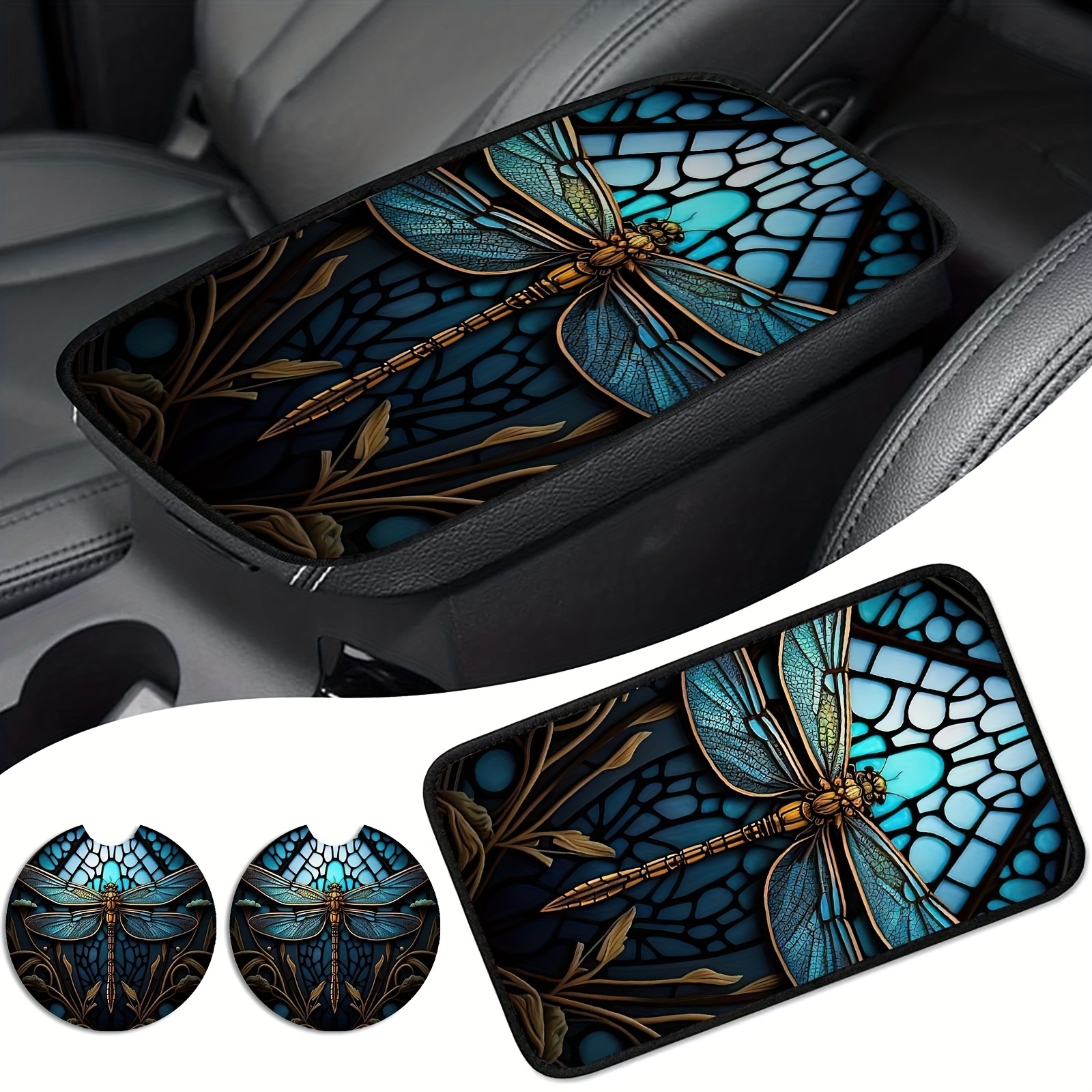 

Cool Dragonfly Auto Center Console Cover, Universal Arm Rest Cover For Car With 2 Pc Car Coaster, Armrest Cover, Car Armrest Cover For Most Car
