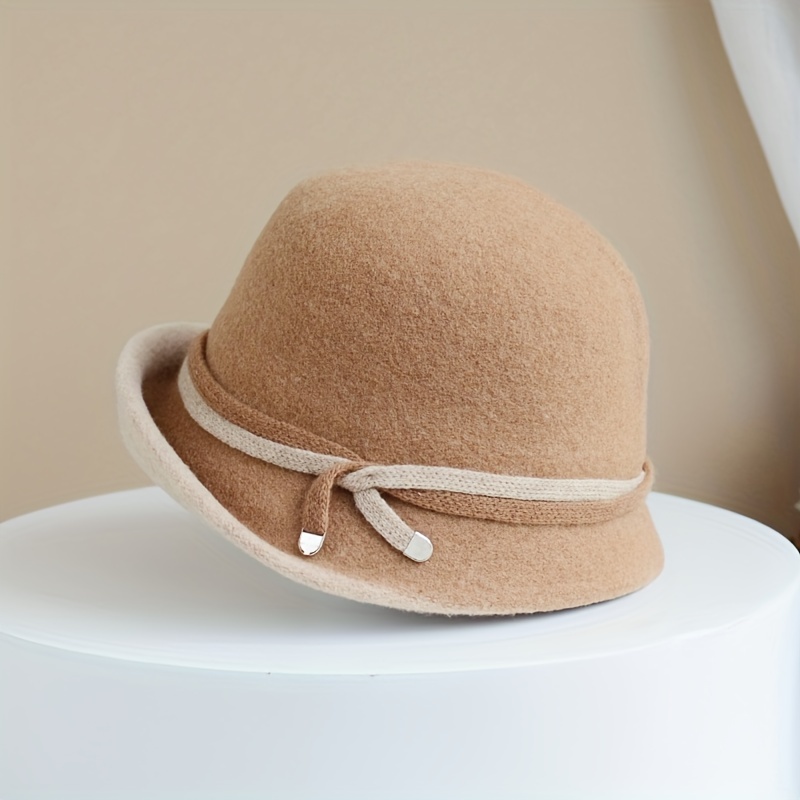 Elegant Wool Bucket Hat Simple Rolled Brim Striped Basin - Temu