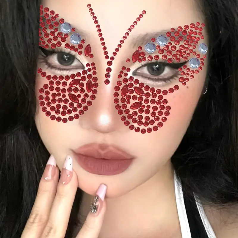 Facial Decorative Rhinestones Stickers, Butterfly Shape Red Acrylic Color  Eyebrow And Eye Stickers Tattoo Stickers, DIY Makeup Decors For Festival Par