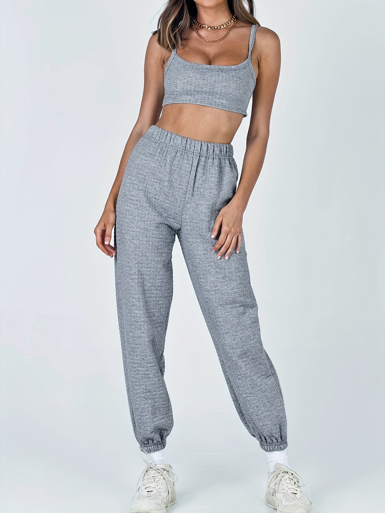 Casual Solid Two piece Set Crew Neck Tank Top Jogger Pants - Temu