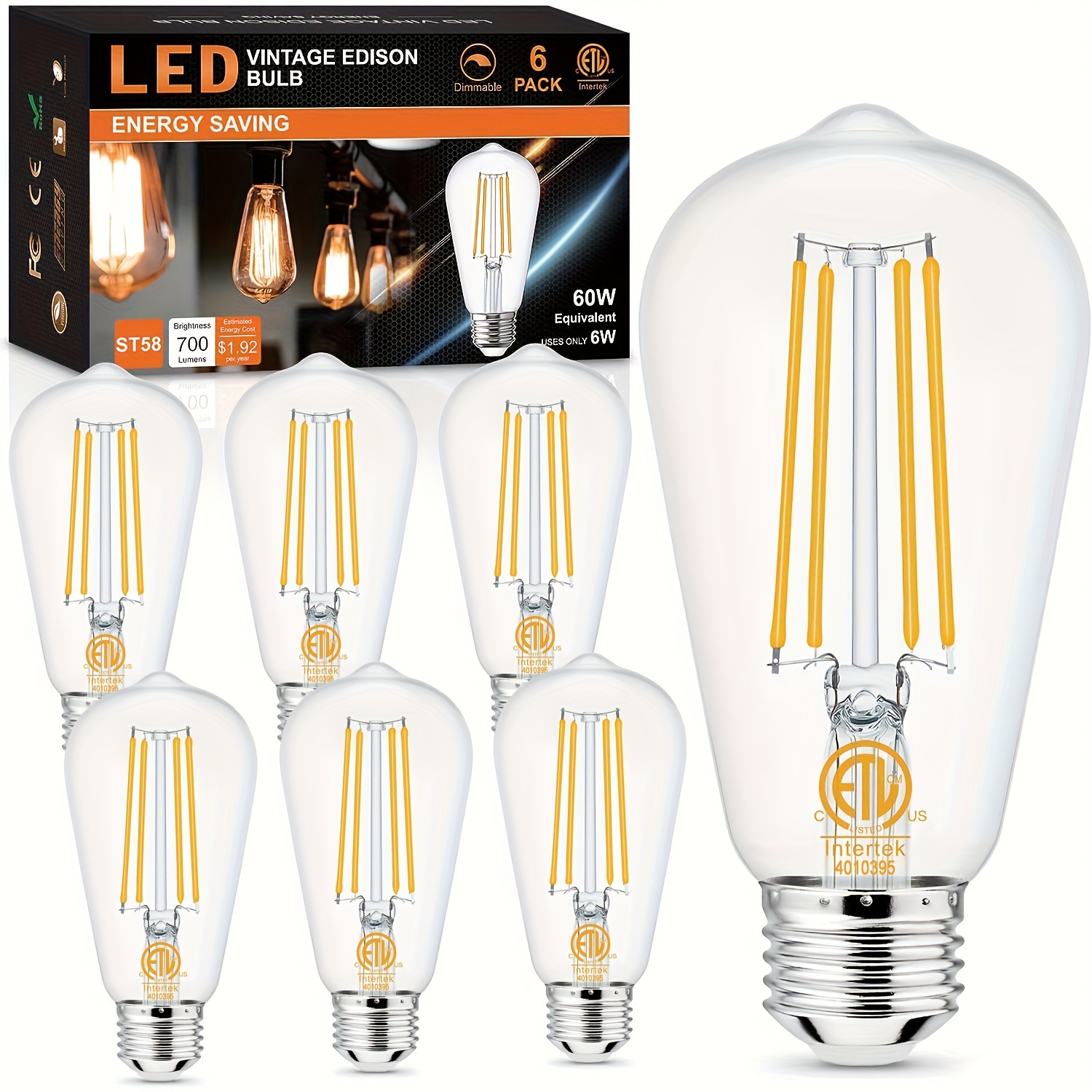  DAYBETTER Bombillas LED Edison vintage, bombilla LED E26  equivalente a 60 W, bombillas LED regulables, alto brillo de 800 lúmenes,  blanco cálido 2700 K, bombillas de filamento LED antiguas ST58, 