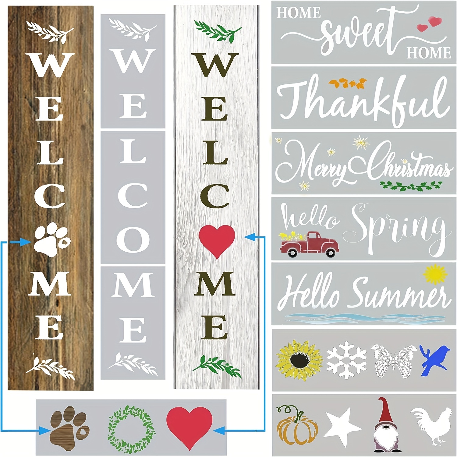 12pcs Welcome Hello Stencils For Painting On Wood, 12 Half Round Reusable  Large Welcome Sign Door Hanger Stencils For Wood Sign Art Templates Plastic