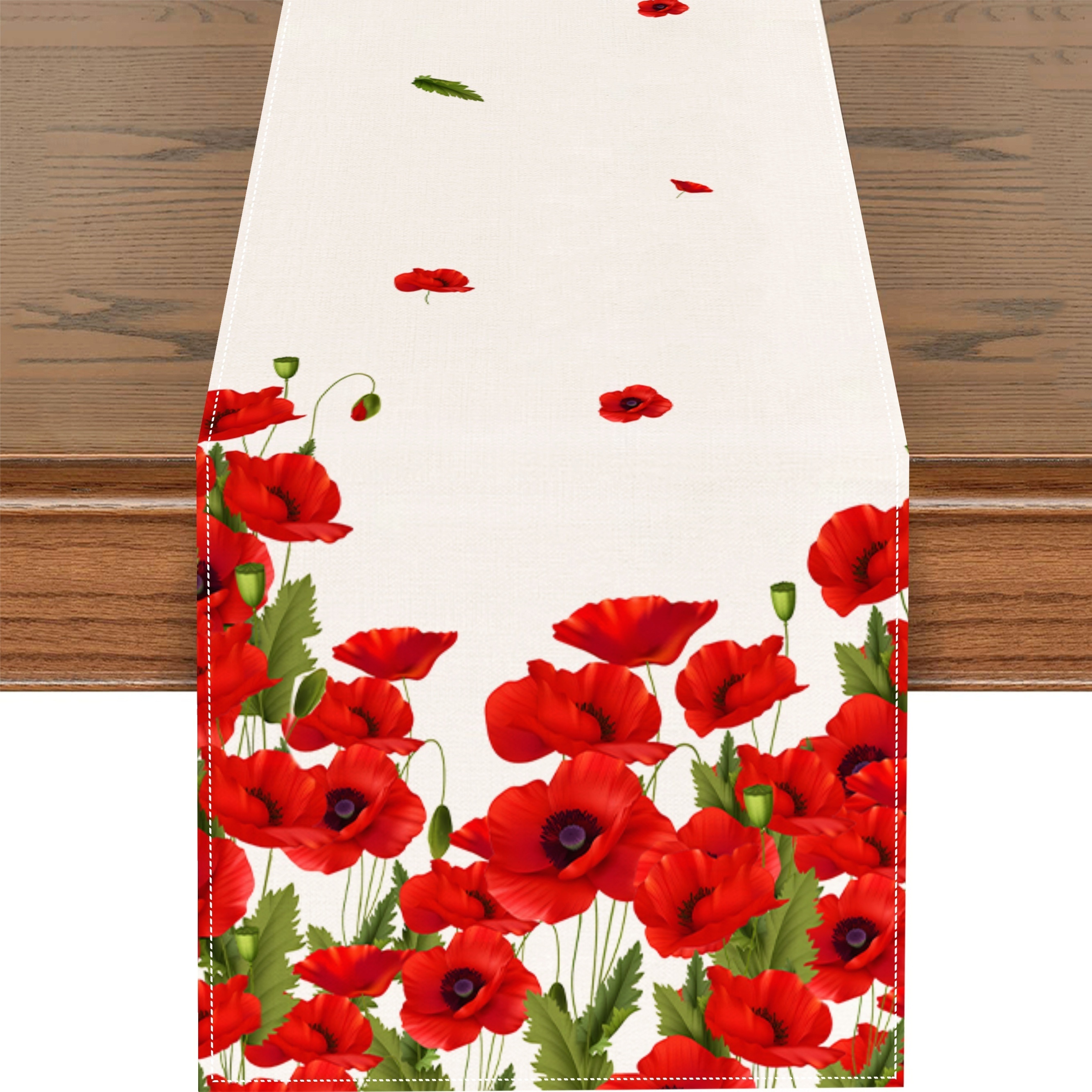 Image of 1pc Poppy Flower Table Runner, Watercolor Patriotic Kitchen Botanical Decor, Memorial Day Summer Seasonal Farmhouse Dining Anniversary Decorations 13 X 48 Inch/13 X 72 Inch/13 X 108 Inch