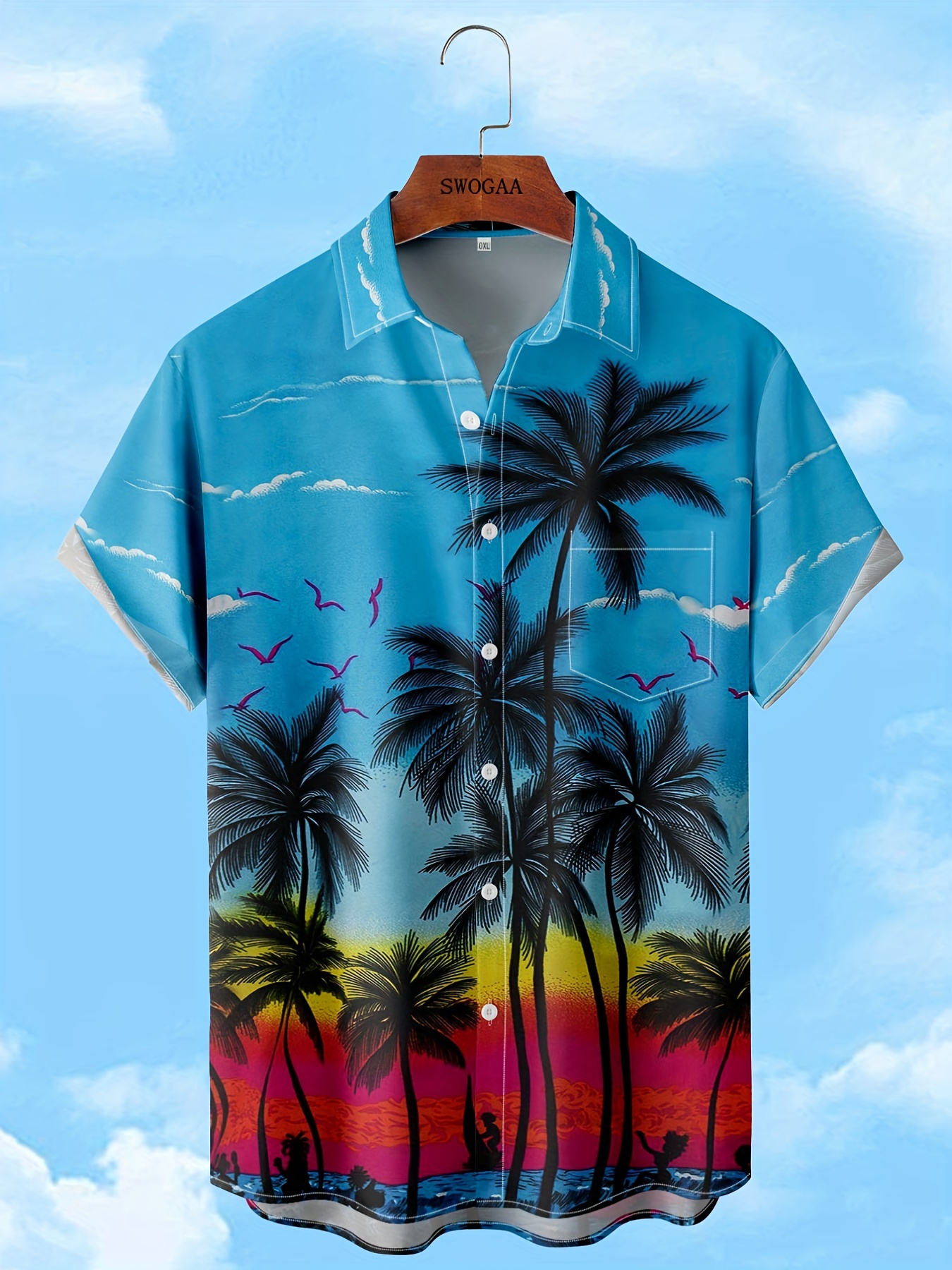 Coconut Tree Print Short Sleeve Hawaiian Shirt And Multi-pockets Cargo  Ninth Pants Set In BLACK