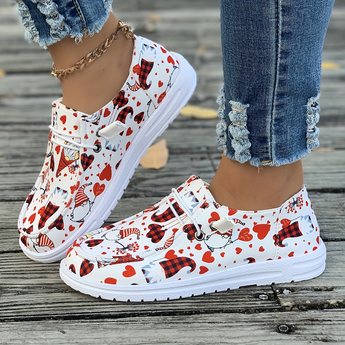 Women's Hearts & Gnome Pattern Sneakers, Valentine's Day Low Top Canvas  Shoes, Lightweight Walking Shoes - Women's Shoes - Temu