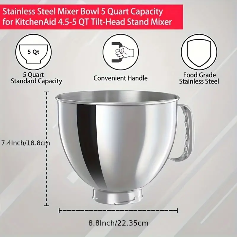 5 Quart Stainless Steel Mixer Bowl for KitchenAid Classic, &Artisan Series 4.5-5 qt Tilt-Head Mixer, Fits for K45ss, KSM70, Ksm90 KSM150, KSM155