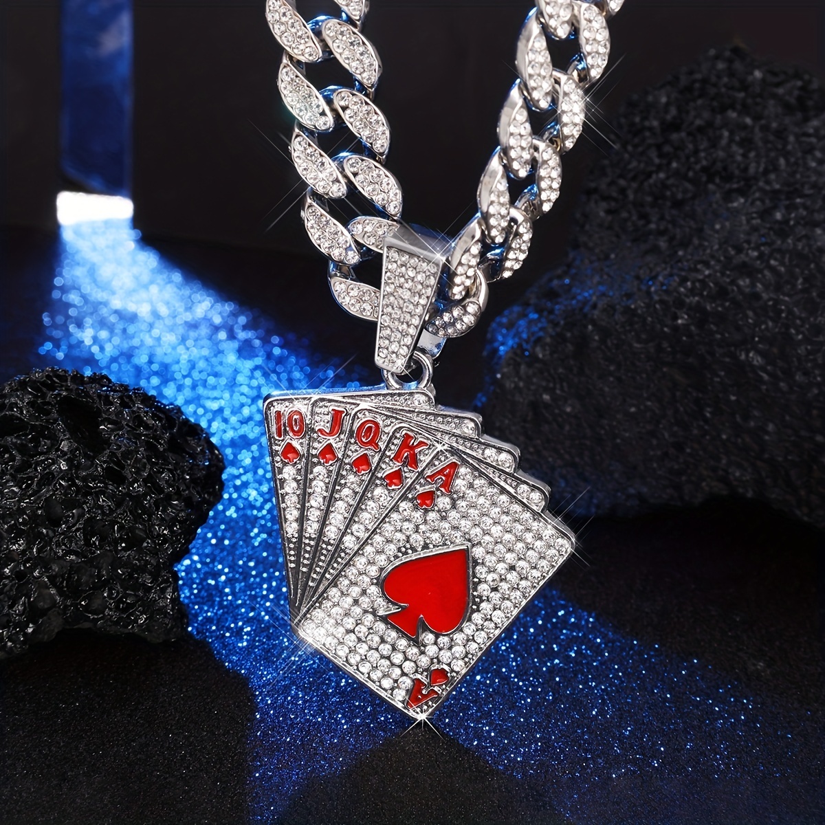 Cuban Link Dog Collar With Hip Hop Rock Playing Card Poker Cz