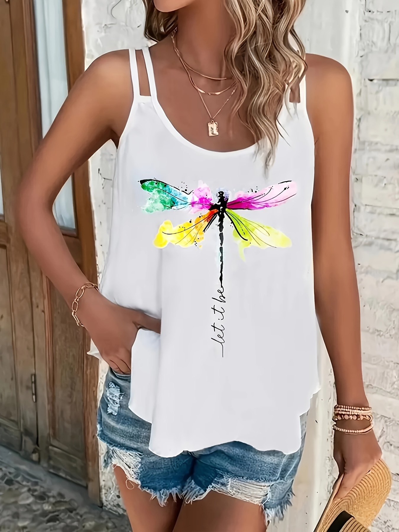 Dragonfly Print Dual Straps Cami Top Casual Crew Neck Summer