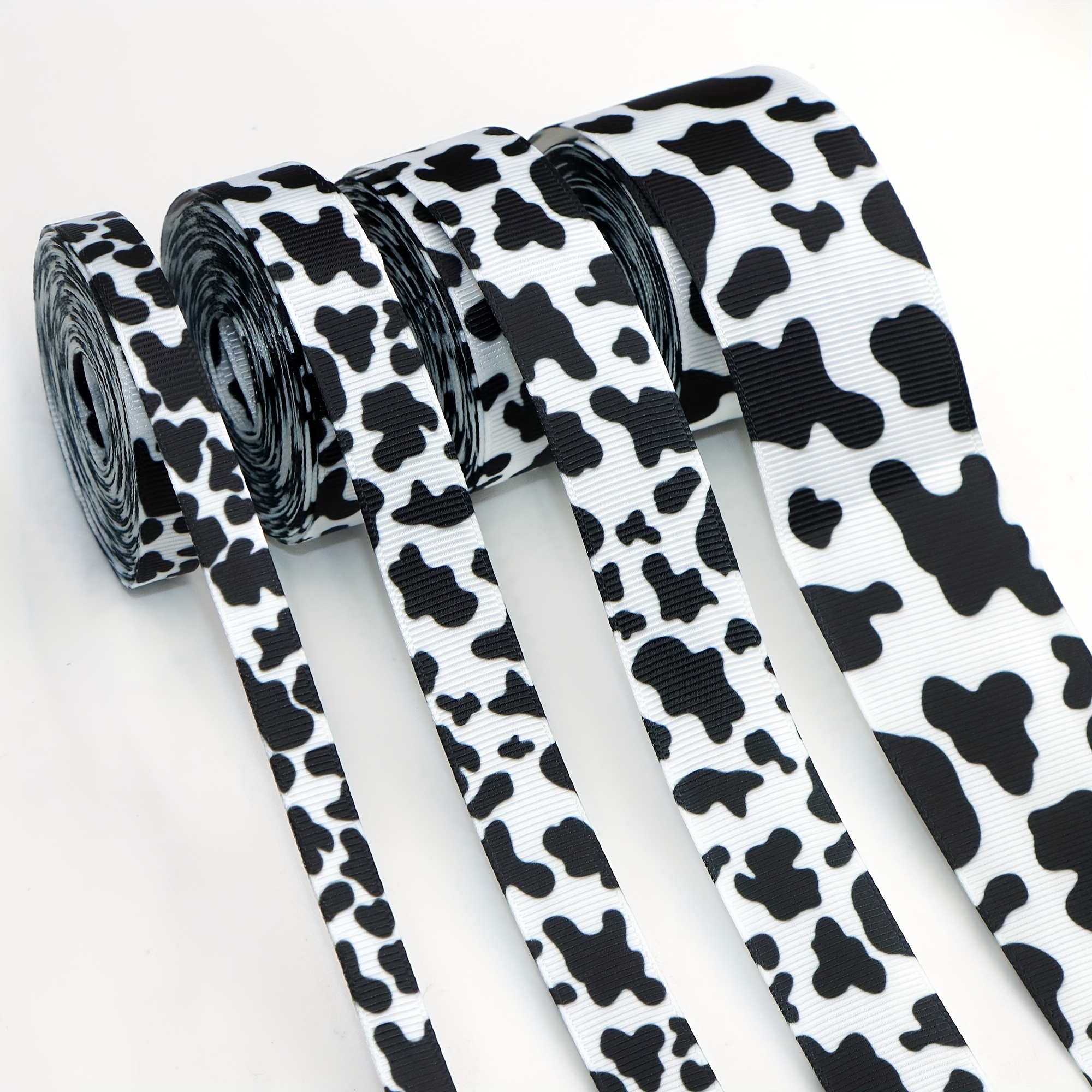 

4 Rolls, 5 Yards/roll 9mm/16mm/22mm/38mm Cow Printed Grosgrain Ribbon Set Black And White Cow Spot Pattern Ribbon For Gift Wrapping Ribbon Holiday Diy Craft Ribbons For Home Party Decor