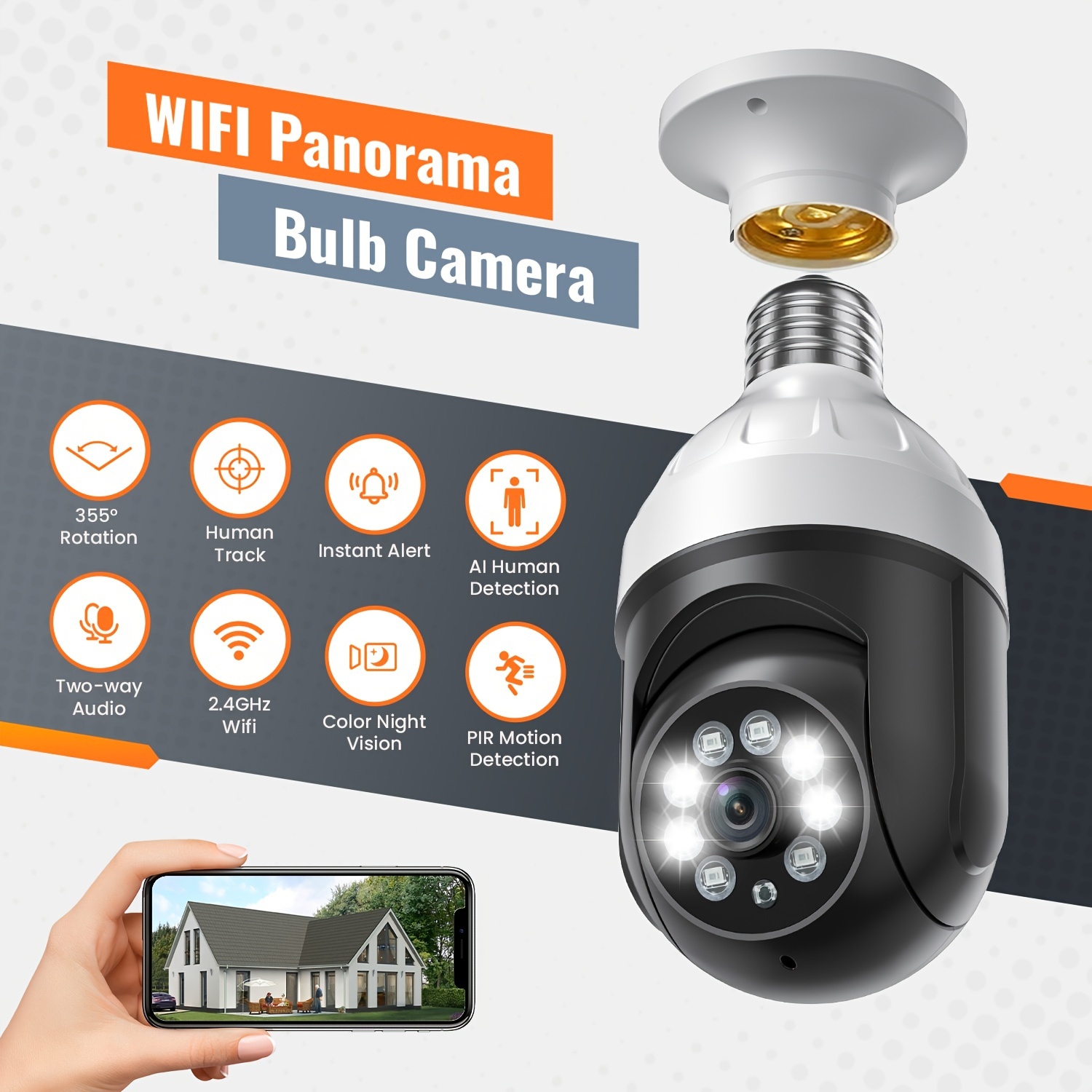 Caméra de surveillance interieur / exterieur WiFi 360 degrés extérieure,  2,4 GHz et 5 GHz WiFi ampoule caméra, caméra de sécurité sans fil WiFi  1080P avec détection de mouvement humain jour et nuit au