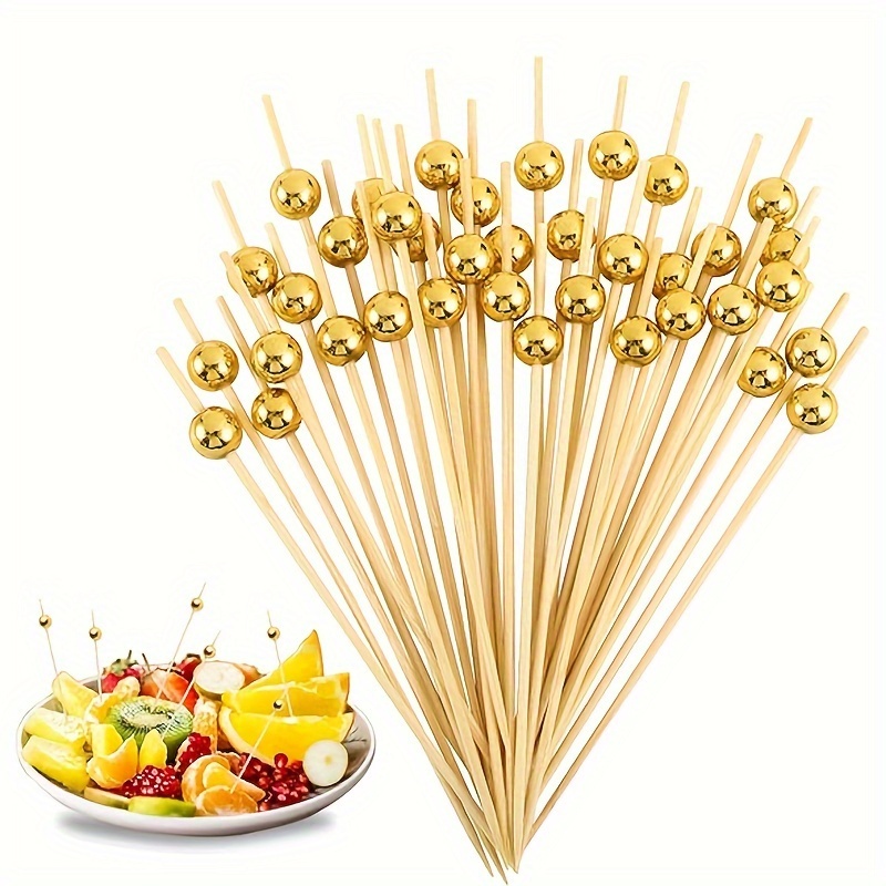Bâtonnets de fruits en bambou avec perles dorées de 12cm, 100