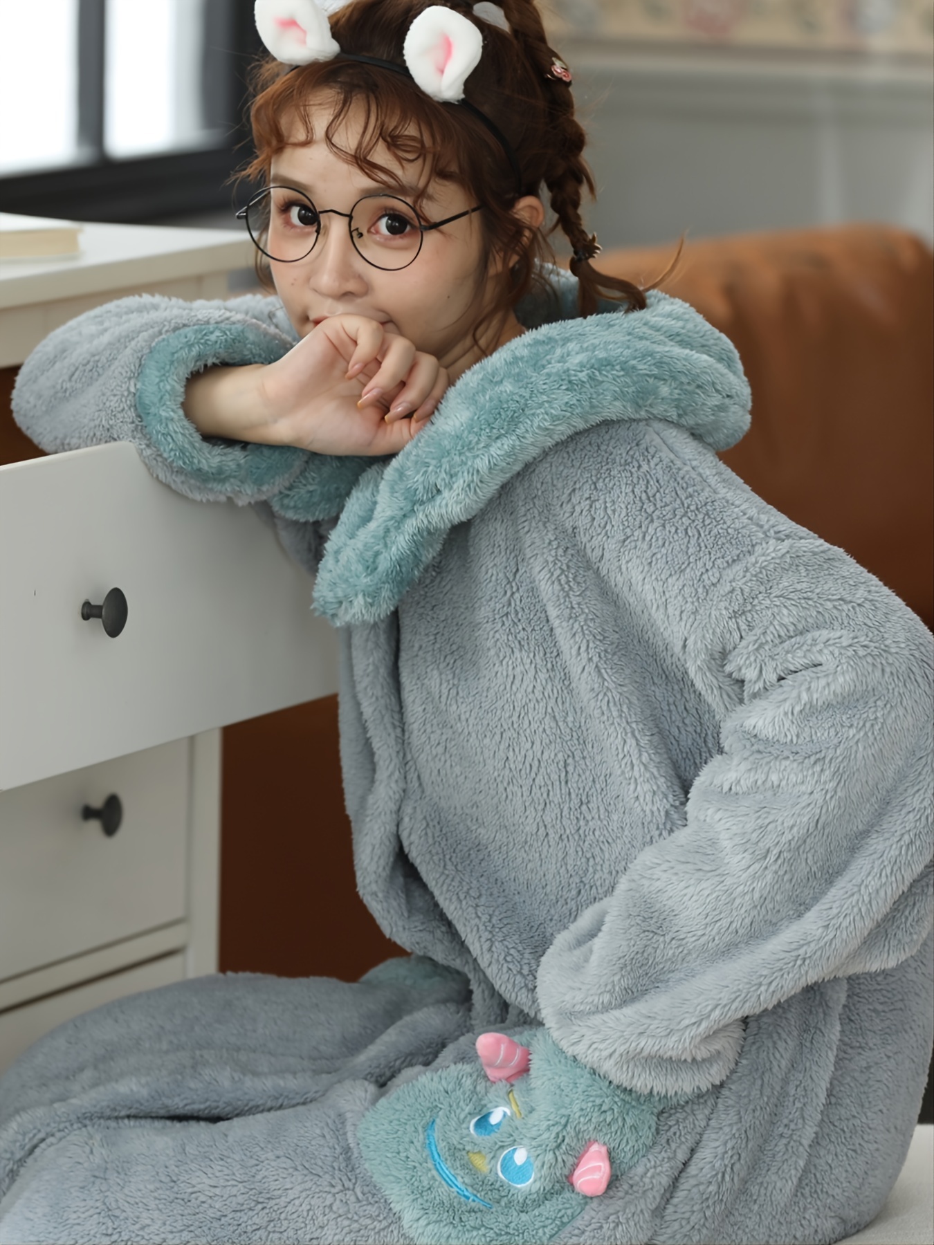 Soft & Cute Thick Fuzzy Hoodie Pajamas Set, Button Up Pajama Outerwear,  Women's Loungewear & Sleepwear
