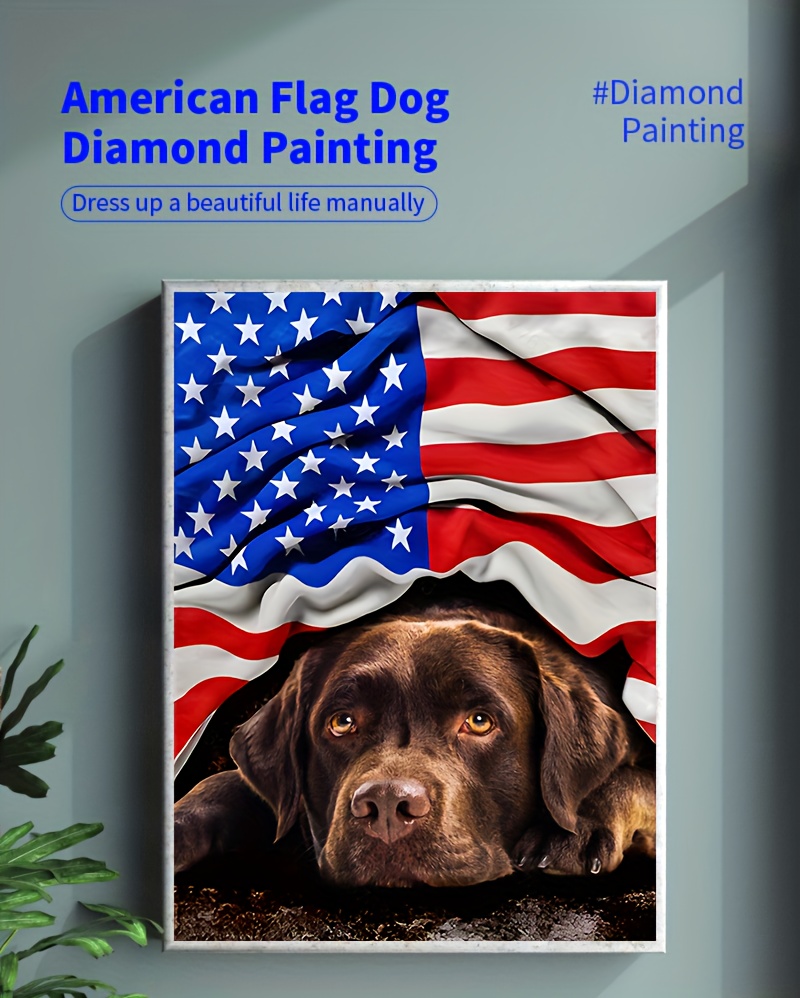 Frameless 5d Diamond Painting Set American Flag Dog Diamond - Temu