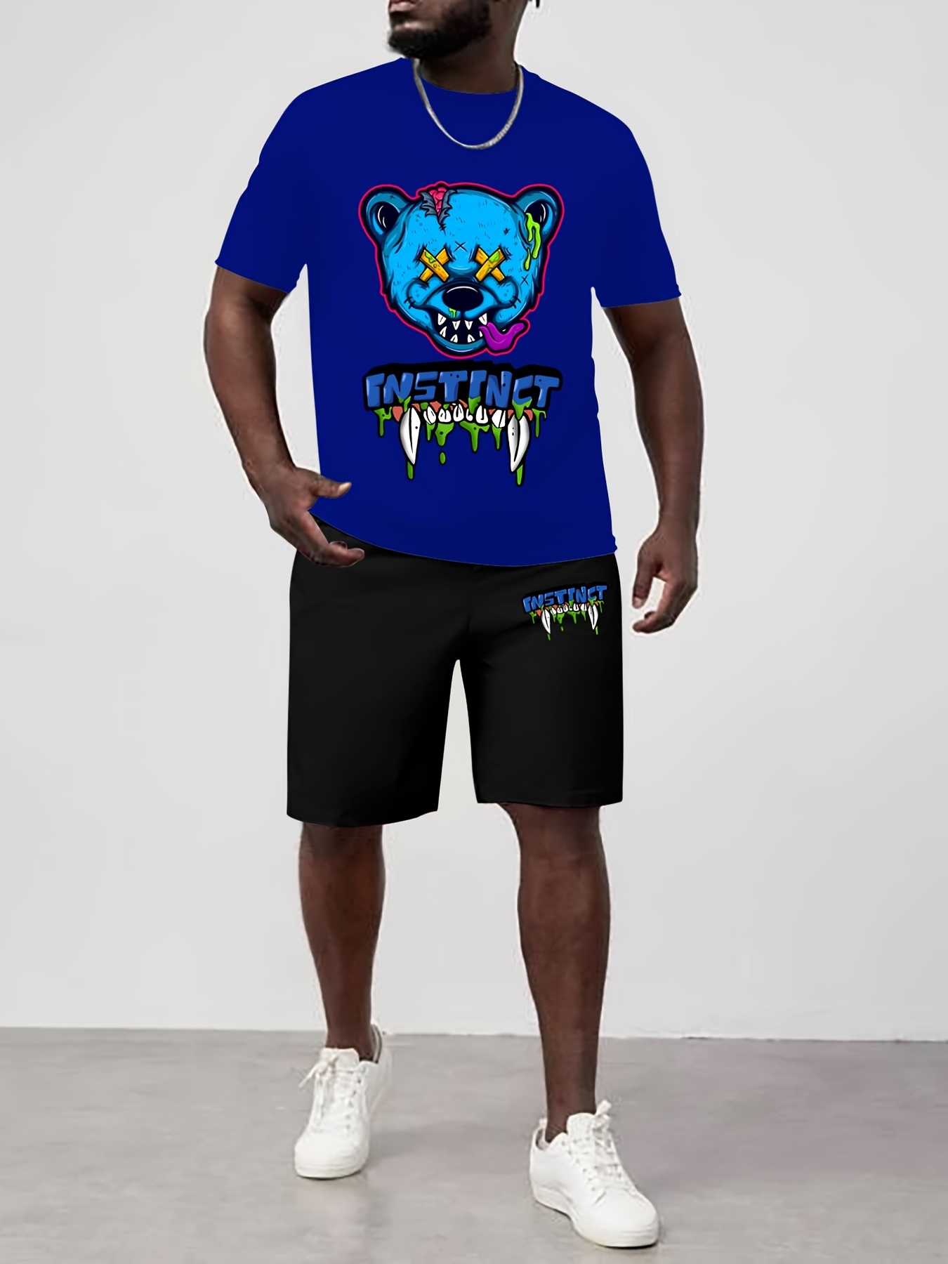 Men's 2 Pieces Outfits With Quirky Beat Print, Crew Neck Short Sleeve T-Shirt And Shorts Set Tracksuit For Summer