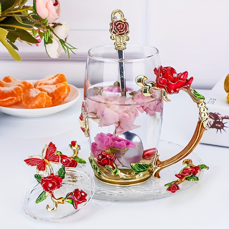 Glass Cup Rose Enamel Crystal Tea Cup, Coffee Mug, Tumbler Butterfly Rose  Painted Flower Water Cups, Clear Glass With Spoon Set - Temu Italy