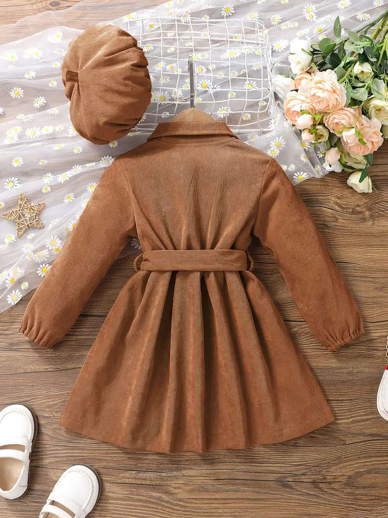 girls casual dress corduroy button front collar neck dresses with belt and hat set trendy kids autumn outfit details 43