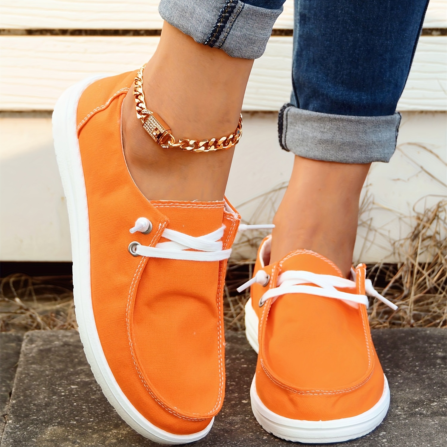 Women's Lightweight Tangerine Boat Shoes Solid Color Lace - Temu