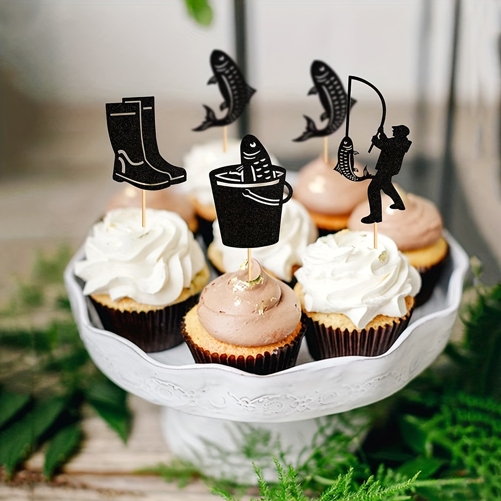 Black Fishing Cupcake Toppers Outdoor Fishing Cupcake Topper - Temu United  Kingdom