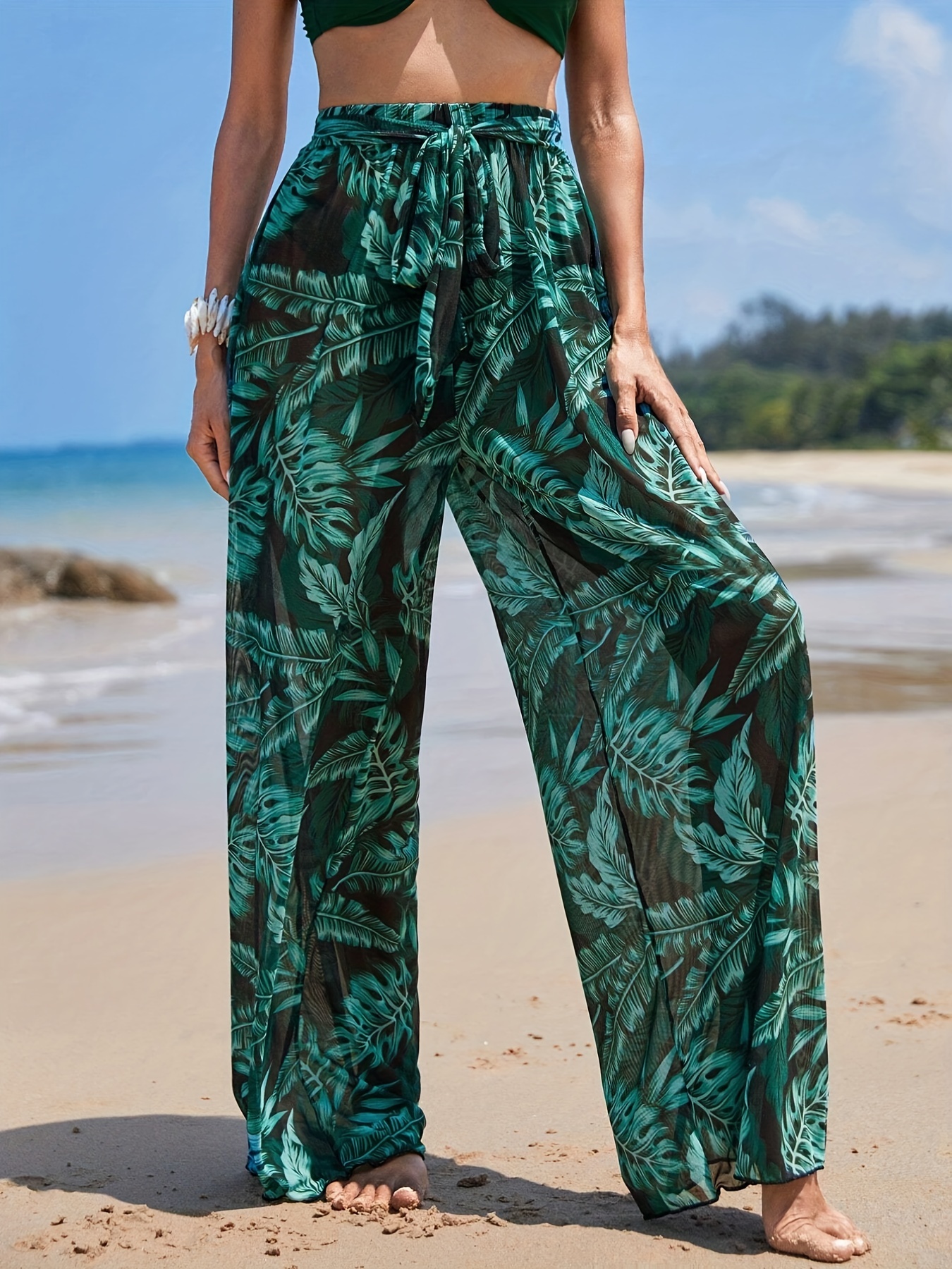 Tropical Palm Leaf Print Tie Front Belt Beach Cover Up Pants, Semi-sheer  Stylish Long Wide Leg Sun Protection Beach Pants, Women's Swimwear &  Clothing