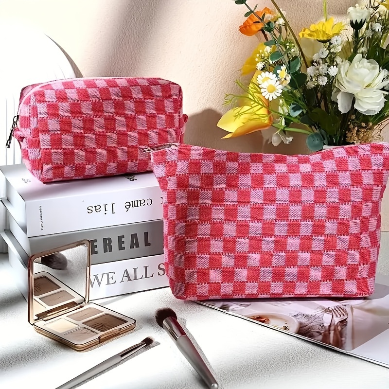 Checkered Pattern Cosmetic Bag Portable Travel Storage Bag Literary Makeup  Handbags, 24/7 Customer Service