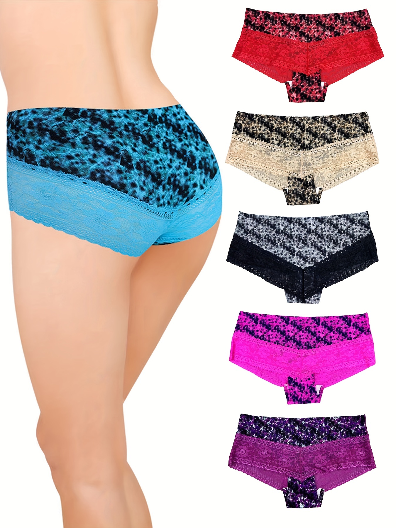5pcs Set Solid Lace Trim Ribbed Low Waist Panties, Cute Everyday Briefs,  Women's Lingerie & Underwear