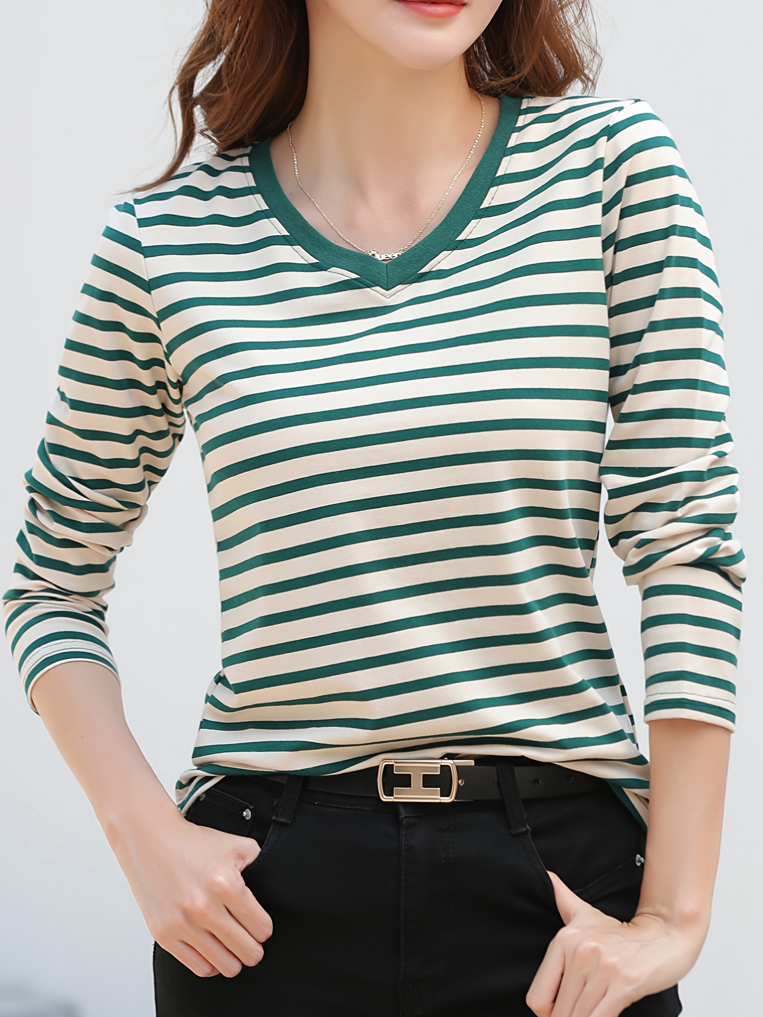 striped long sleeve t shirt v neck casual top for spring fall womens clothing green 2