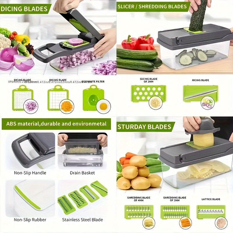 Vegetable Chopper, Multifunctional Mandoline Slicer, Manual Julienne Slicer  With 14 In 1 Interchangeable Blades Colander Basket & Container-gray