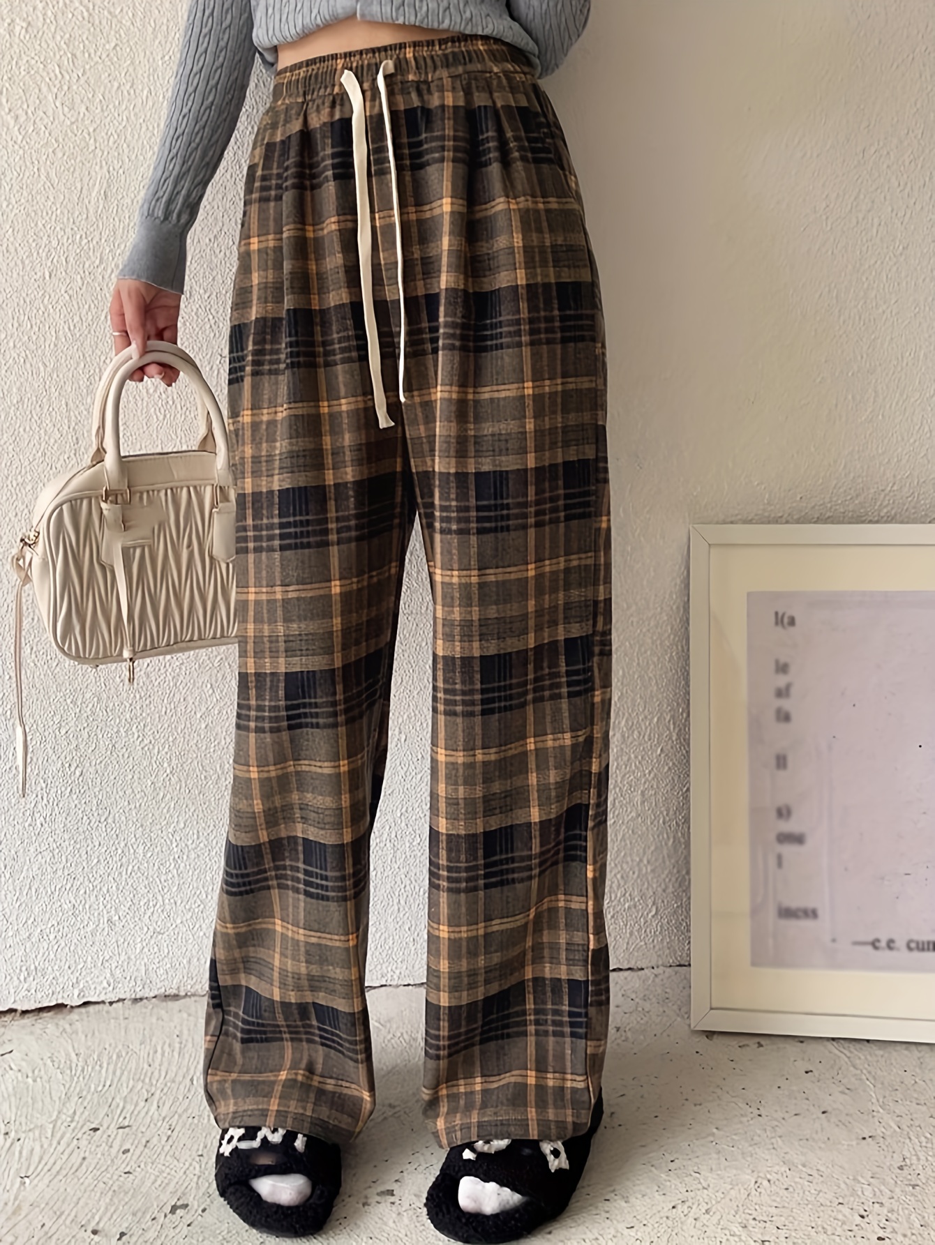 Plaid Print Wide Leg Pants Casual Elastic Waist Long Length - Temu