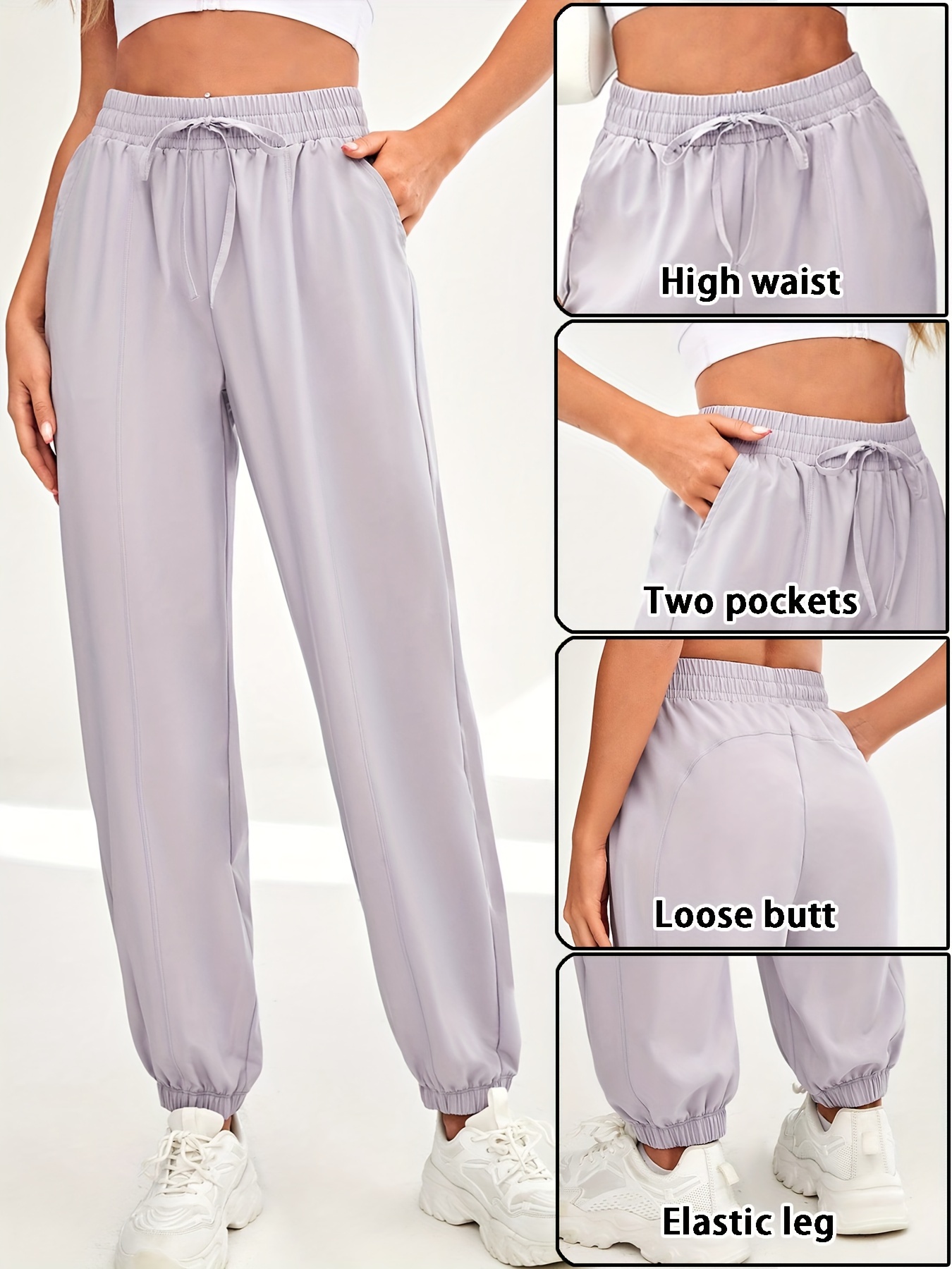Womens Casual Pants Elastic Waist Solid Sweatpants Grey S 