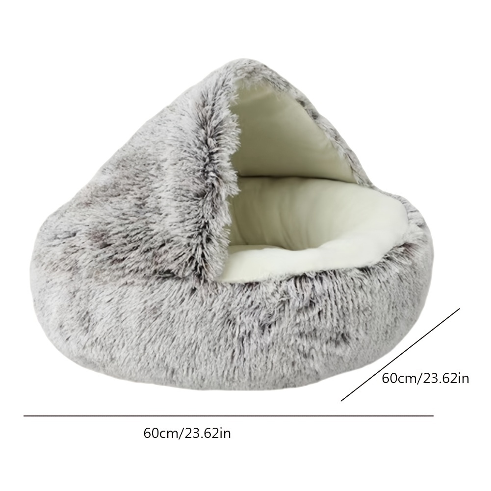 Plush Hooded Cat Cave Bed Round Pet Sleeping Cushion Bed