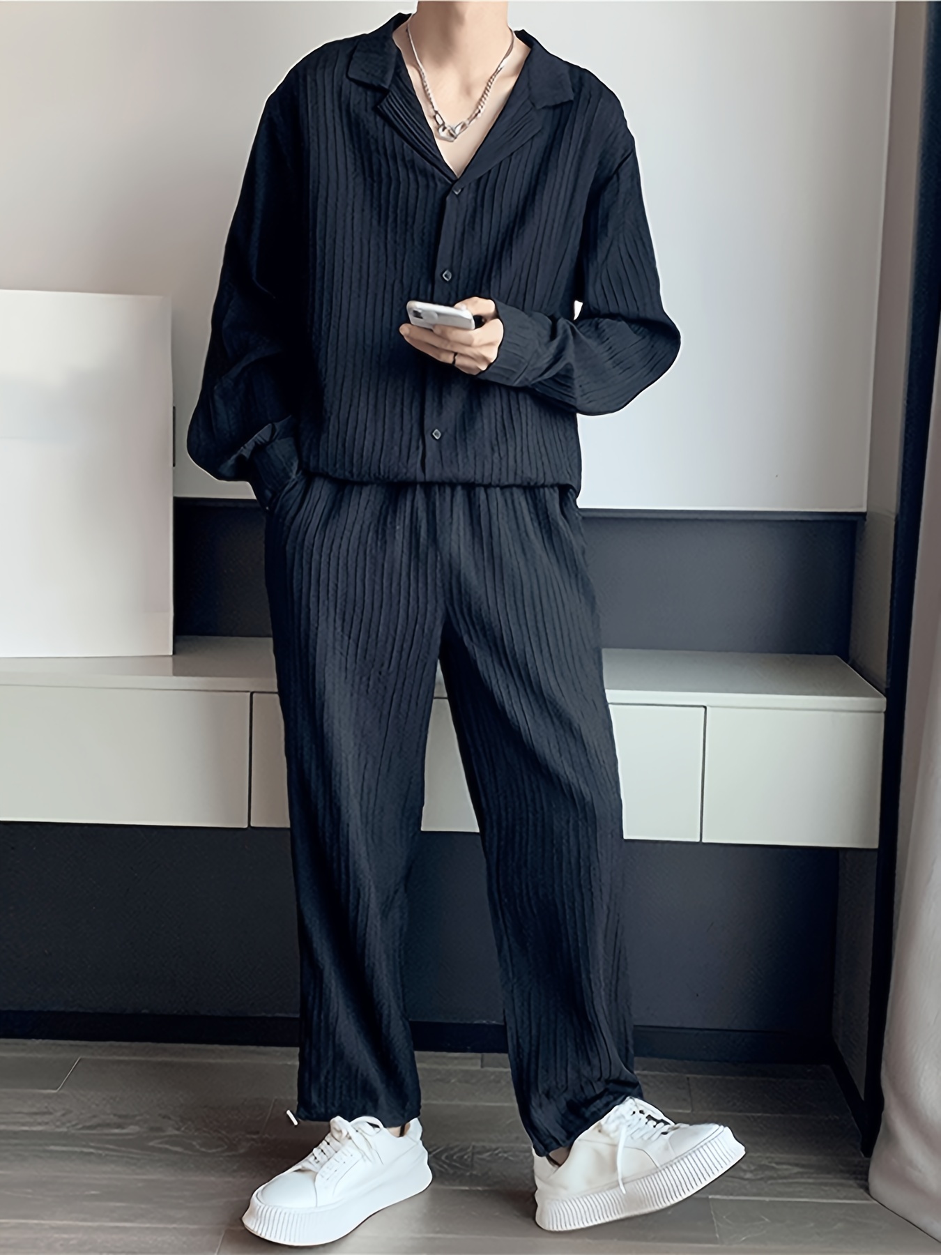 Men's Soft Comfortable Pajama Sets Pocket Button Long Sleeve - Temu Canada
