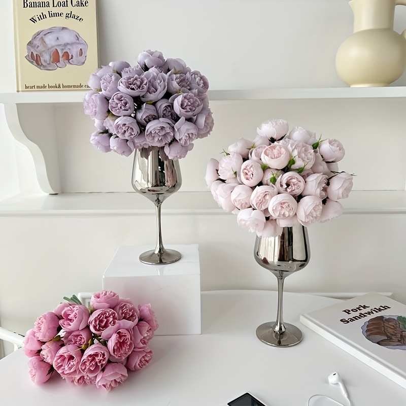 Composizione di peonie rosa rosa, centrotavola artificiale finto, fiori  finti, composizione di fiori di seta in vaso di vetro di Blue Paris -   Italia
