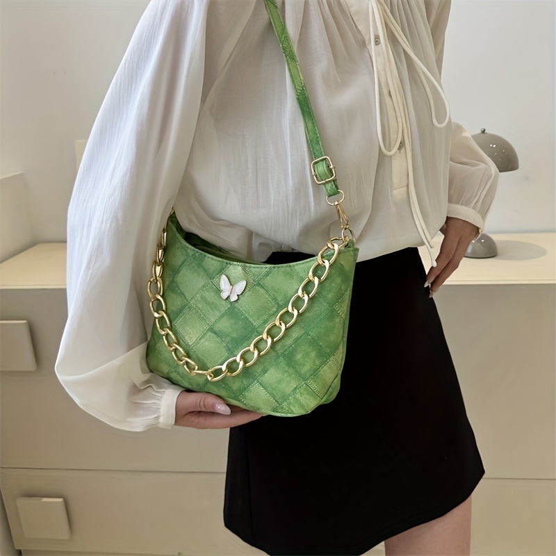 Niche Design Plaid Pattern Shoulder Bag, With Butterfly Decor Purse, Pu  Leather Handbag - Temu