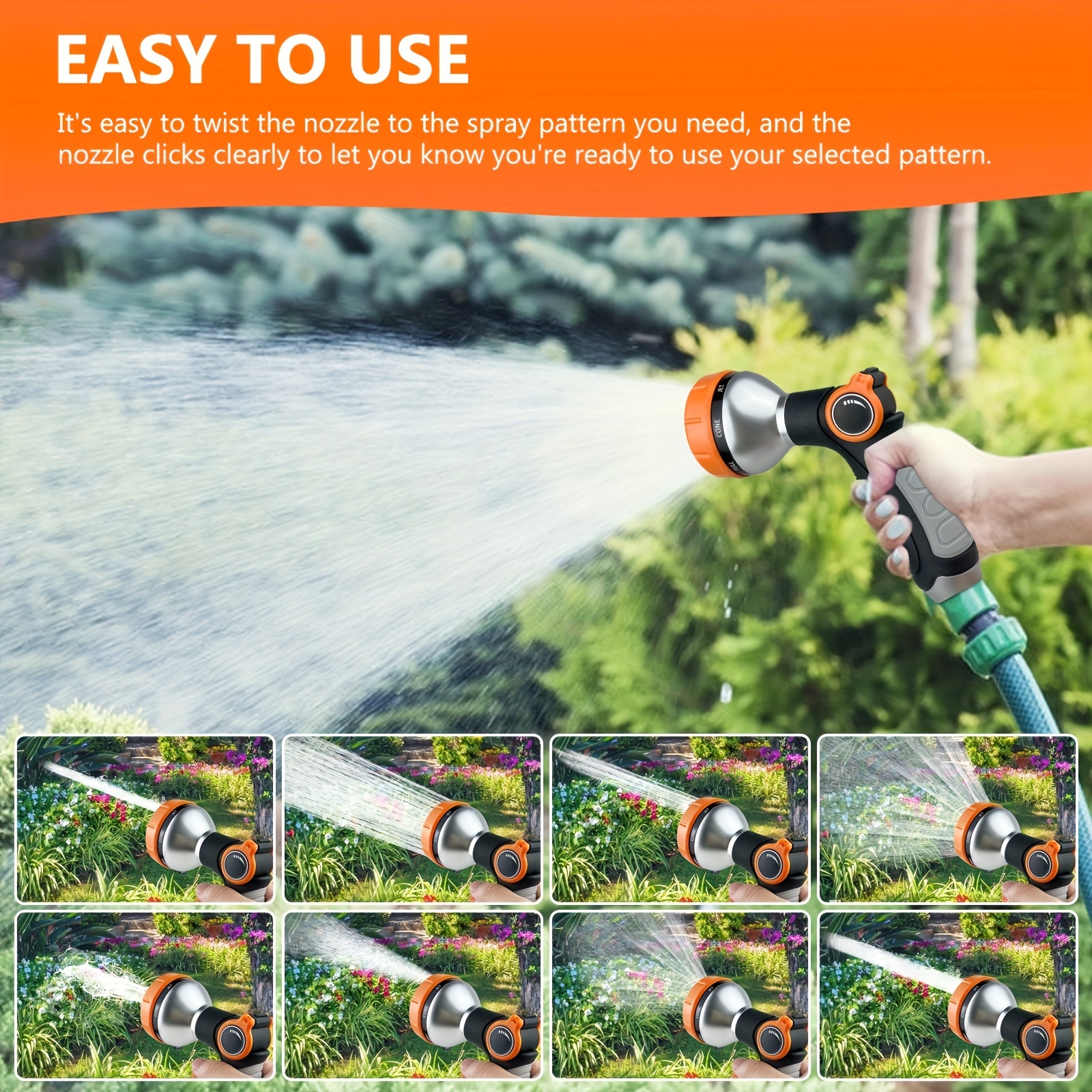 

1pc Garden Hose Nozzle, Heavy Duty Water Hose Nozzle, 8 Adjustable Watering Patterns Sprayer, Thumb Control, On-off Valve For Easy Water Control, Nozzle Sprayer For Watering Garden Showering Pets