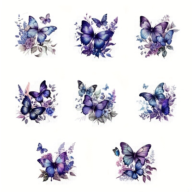 

8pcs Blue Purple Butterfly Theme Iron-on Transfer Stickers, Design Decals Heat Press Decal Vinyl Heat Transfer Patches For Diy Clothing T-shirts Denim Jackets