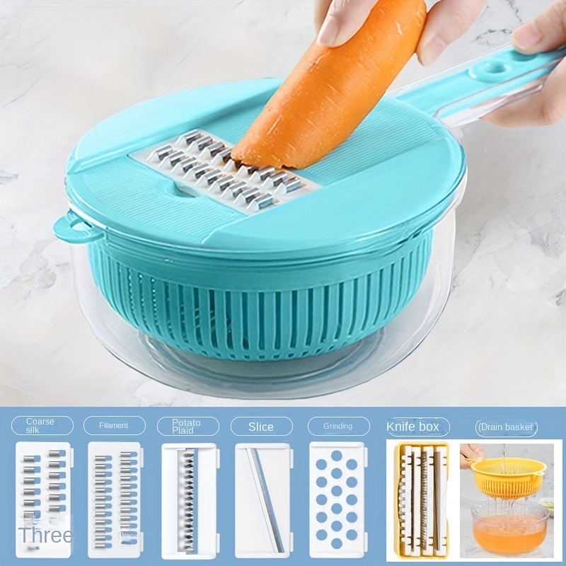 8pcs/set Kitchen Vegetable Slicer With 6 Blades, Drain Basket, Hand  Protector, Potato Slicer For Home Use, Green