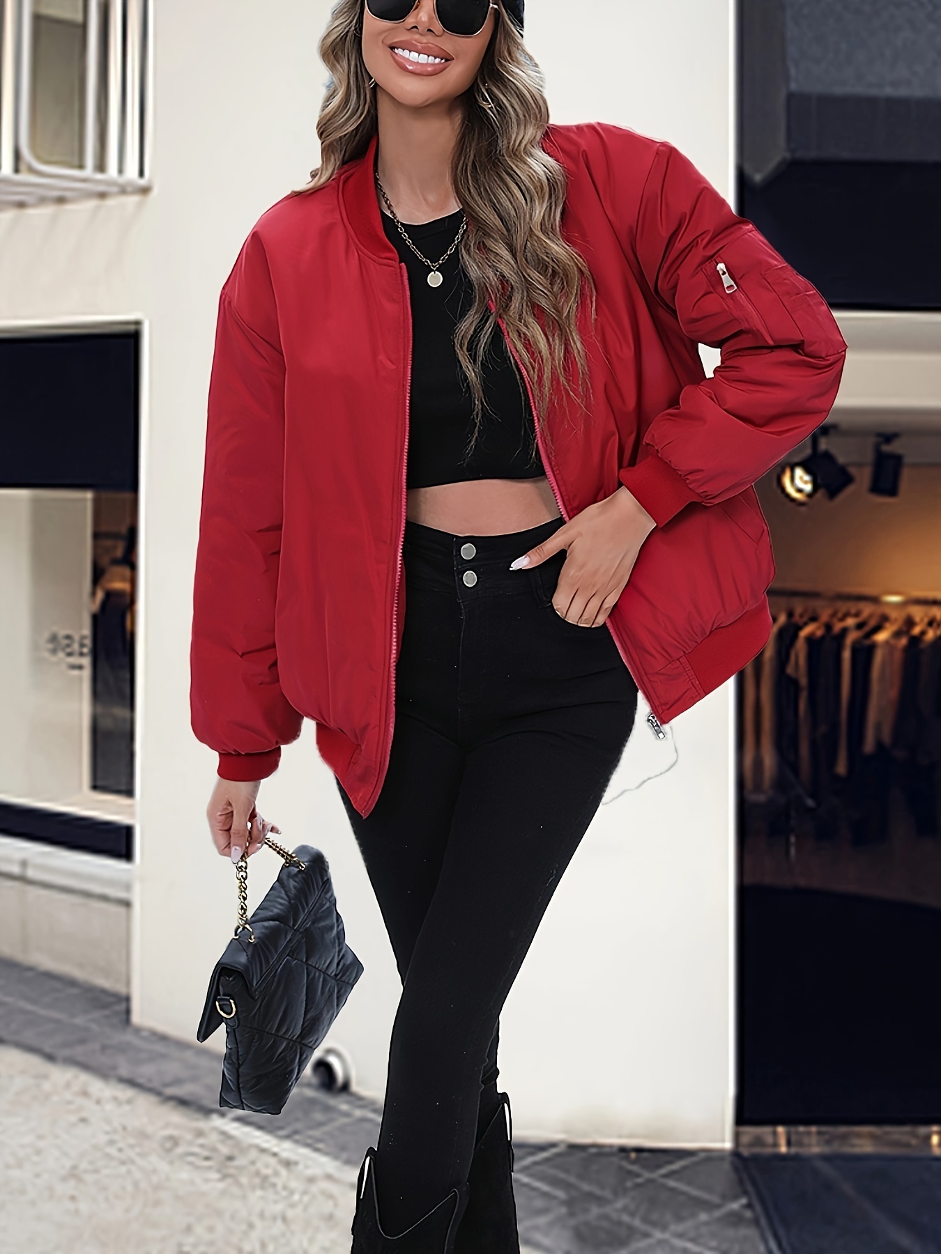 Red bomber sale jacket outfit womens