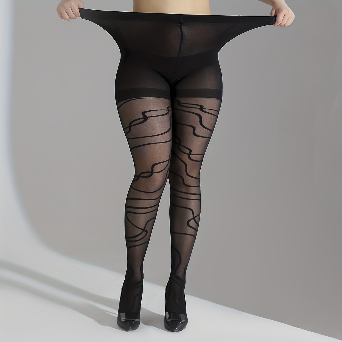 Plus Size Casual Stockings, Women's Plus Fluid Jacquard High Rise Stretchy Pantyhose