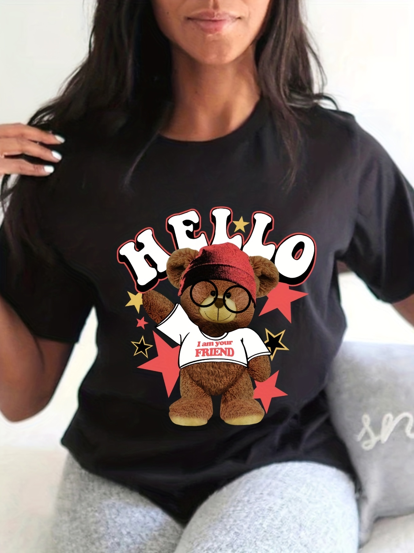 Bear Print Crew Neck T-shirt, Casual Short Sleeve T-shirt For