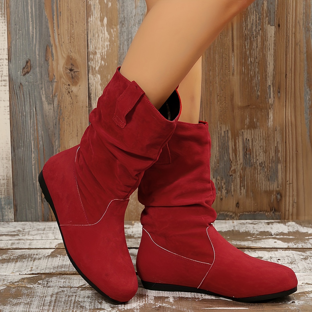 Women's Slouchy * Calf Boots, Comfy V-cut Pull On Plush Lined Warm Flat  Shoes, Winter Thermal Boots
