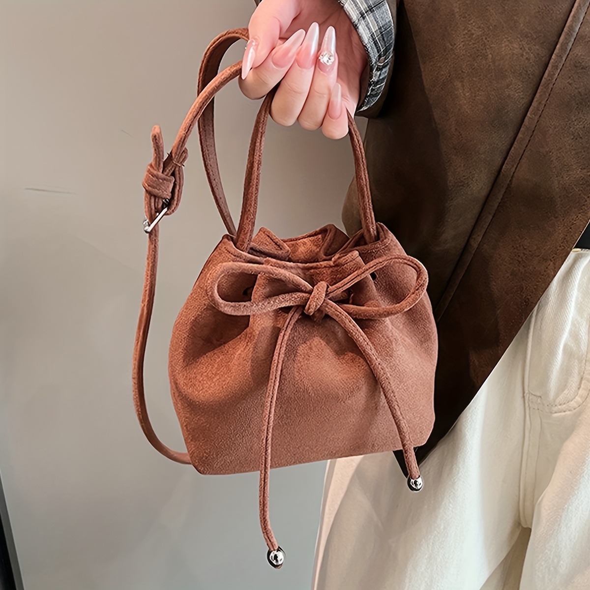 Adjustable Strap Drawstring Bag, Large Capacity Solid Bucket Bag, Fashion  Portable Crochet Bag