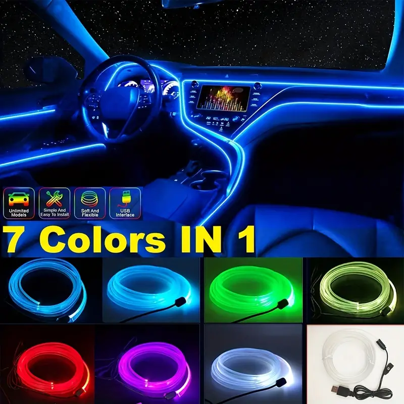 2M/157.48inchLed Strip Car Interior Decorations Atmosphere Light RGB Neon  DIY Dashboard Ambient Optical Fiber Strips Lamp With USB Drive
