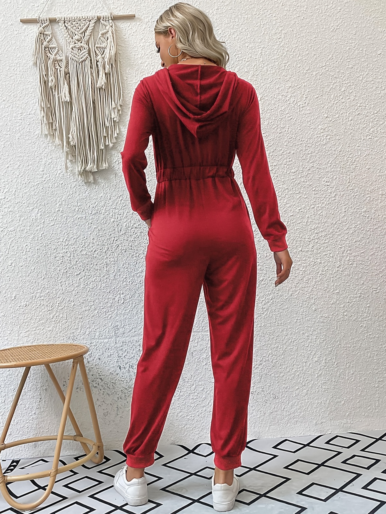 Solid Zipper Drawstring Hooded Jumpsuit Casual Long Sleeve - Temu