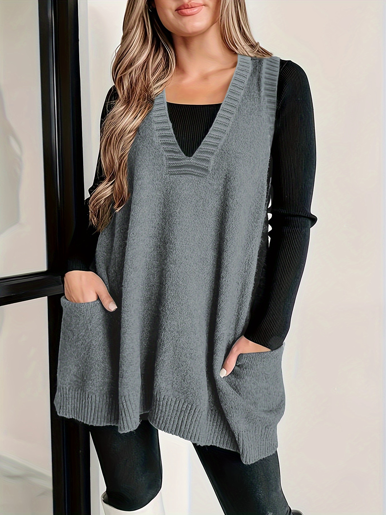 Plus Size Solid Knit Sweater Vest Casual V Neck Sleeveless - Temu Canada