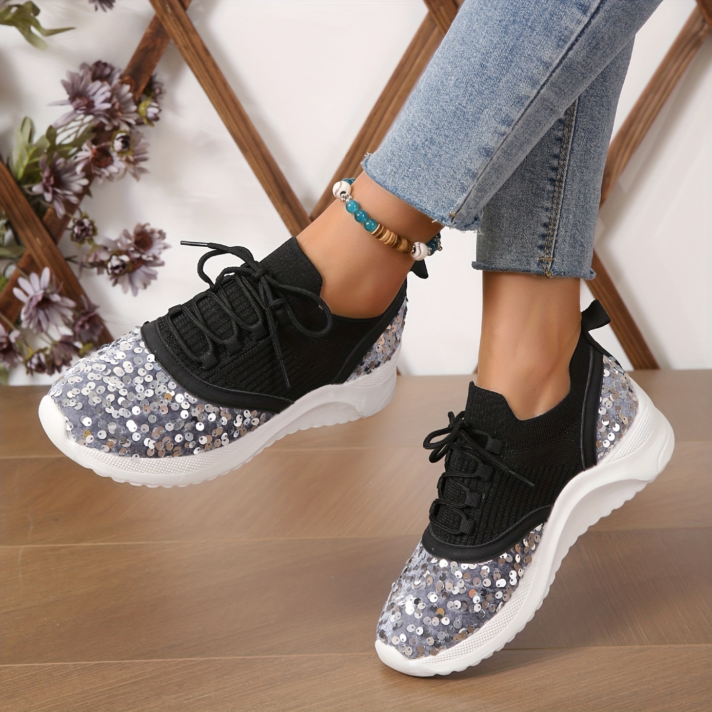 Women's Glitter Sequins Decor Platform Sneakers Casual Black - Temu