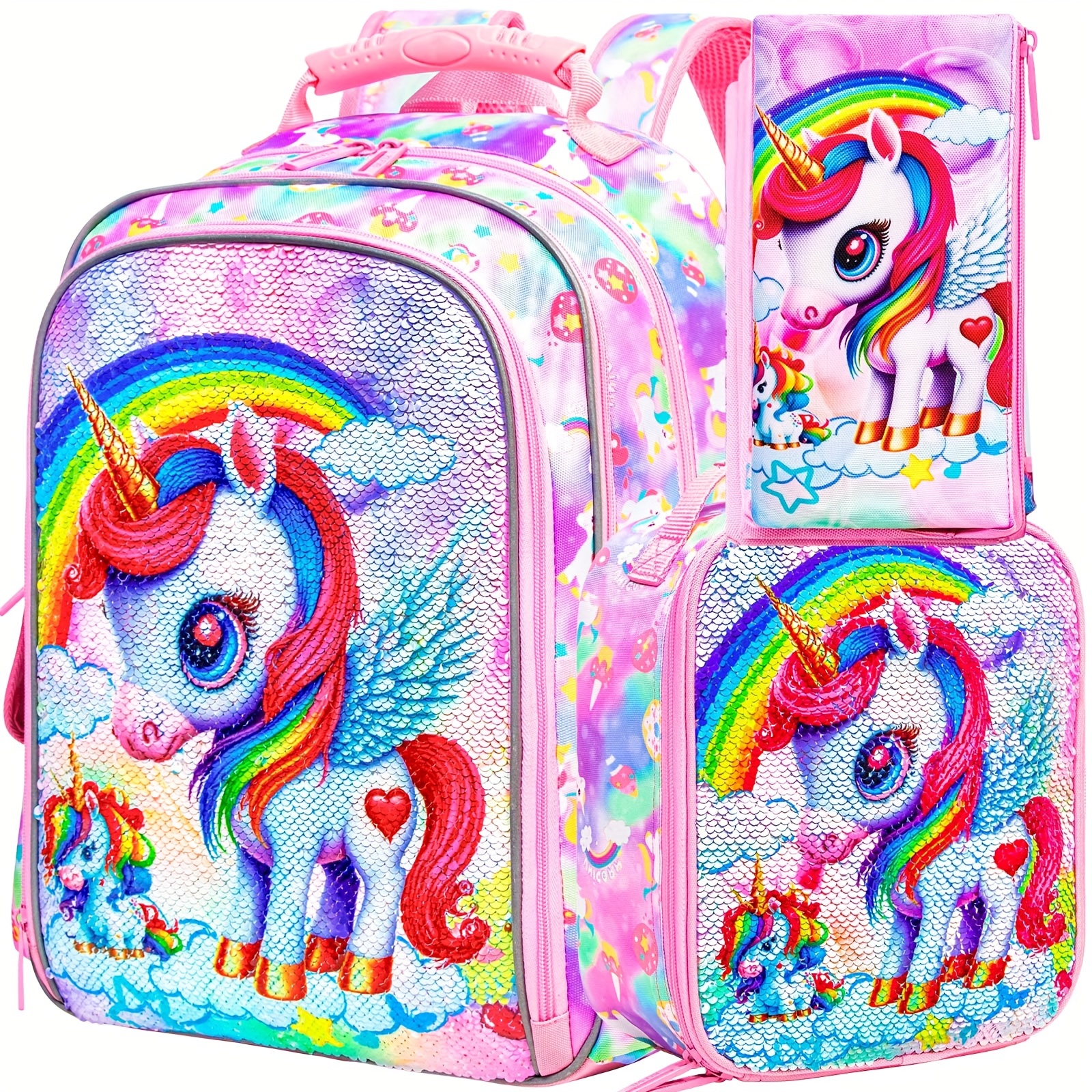 Unicorn Print Backpack Girls Sequin School Bag Lunch Bag Pen Temu 