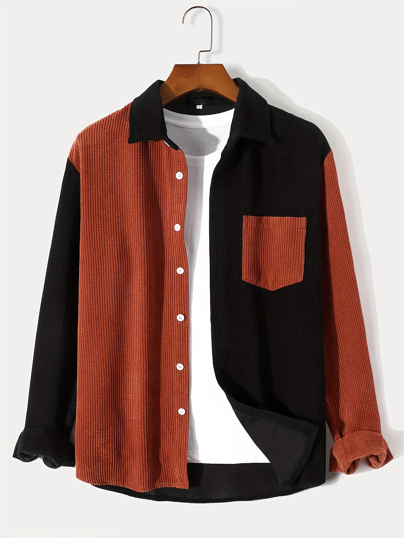 Color Block Corduroy Shirt Long Sleeve Button Casual Top - Temu